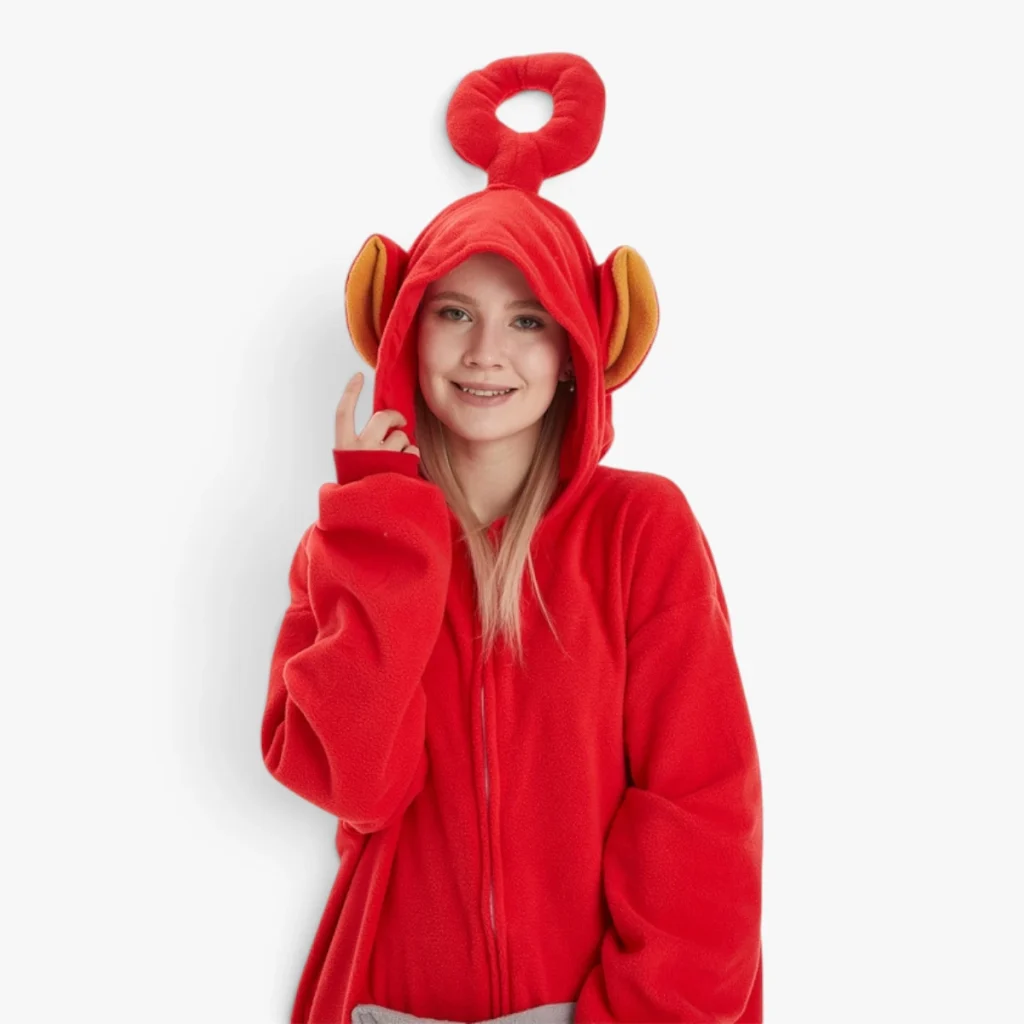 red teletubbies onesie costume adult